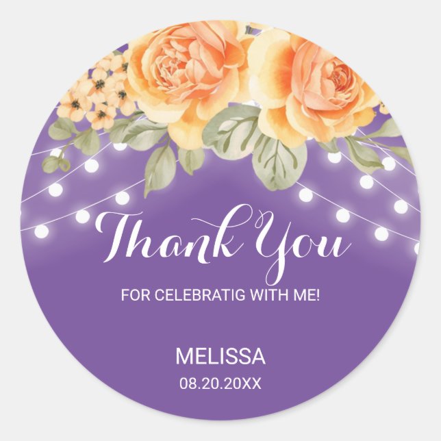 Adesivo Rosa de Laranja Corda Luz Obrigados de Aniversário (Frente)