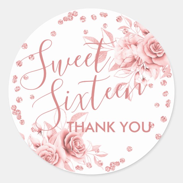 Adesivo Rosa Dourado Doce 16 Obrigado Brilhante (Frente)