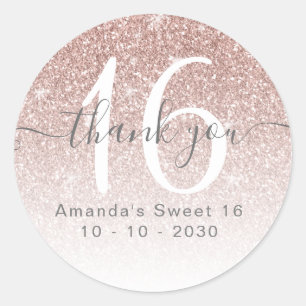 Adesivo Rosa Dourado Glitter Sweet 16 Party Favor Obrigado