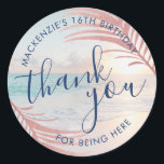 Adesivo Rosa Dourado Obrigado Praga Aniversário.<br><div class="desc">Rosa dourado e obrigado personalizado teal você favorece adesivos para um tema de praia tópica divertida e rosado ou festa de aniversário luau. O texto, as cores e as fontes são editáveis, fazer-as perfeitas para a 5 de 1rua de uma menina, ou para o 8º aniversário, ou para a 15...</div>