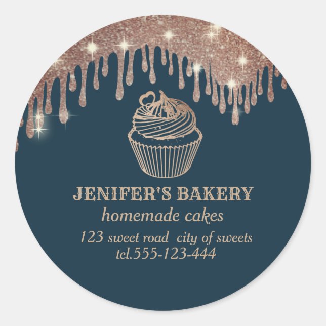 Adesivo Rosa dourado pinga cupcakes e doces caseiros (Frente)