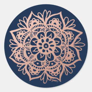Adesivo Rosa Dourado Rosa Azul Escuro Flor Mandala