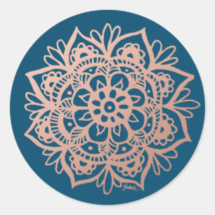 Adesivo Rosa Dourado Rosa Mandala Flor em Azul Marinho