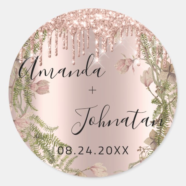 Adesivo Rosa Dourado Simplesmente Nome Data Floral Gotas (Frente)