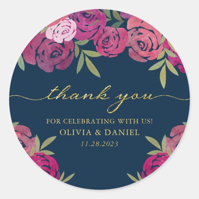 Adesivo Rosa Floral e Rosas Roxos Azul Obrigado (Frente)