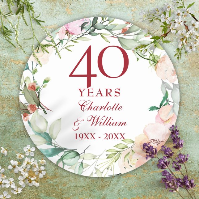 Adesivo Rosa Garland 40º Aniversário de Casamento Ruby (Roses Garland 40th Ruby Wedding Anniversary Classic Round Sticker)