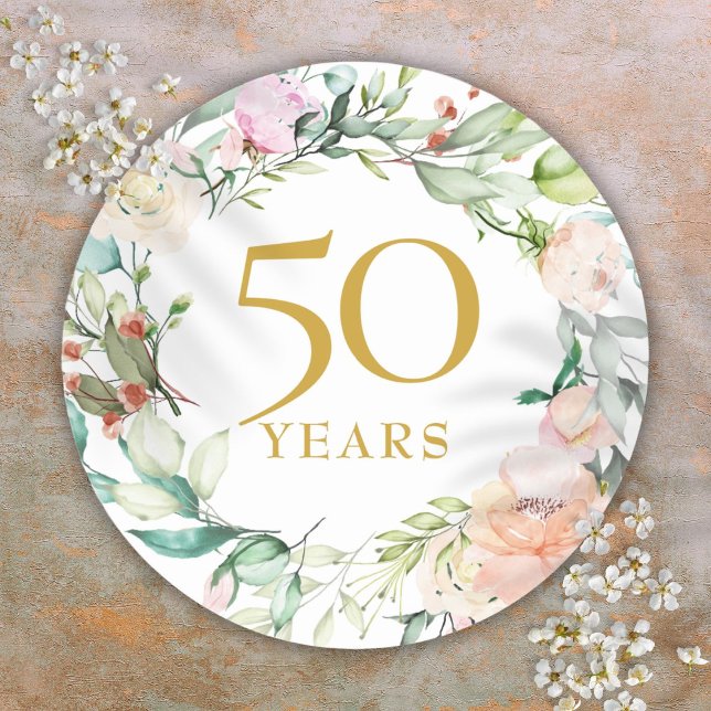 Adesivo Rosa Garland Dourado 50º aniversário de casamento (Roses Garland Gold 50th Wedding Anniversary Classic Round Sticker)
