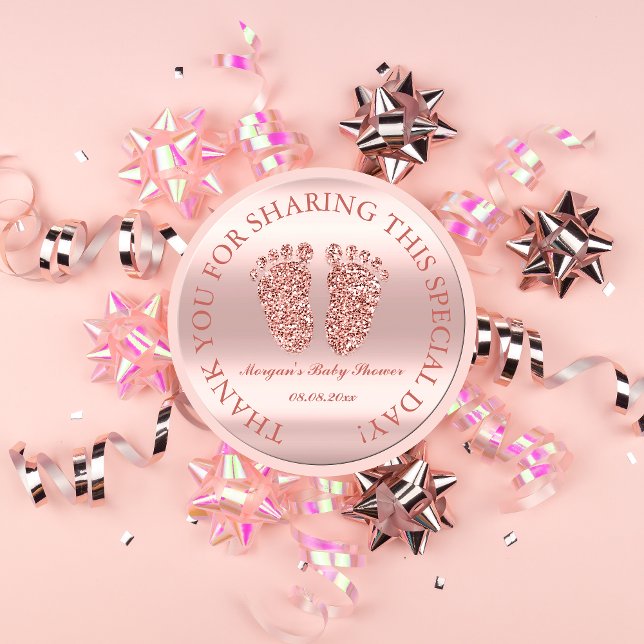 Adesivo Rosa Glitter Feet Chá de fraldas Favor Obrigado Gl (Rose Glitter Feet Baby Shower Favor Thank You Glam Classic Round Sticker)