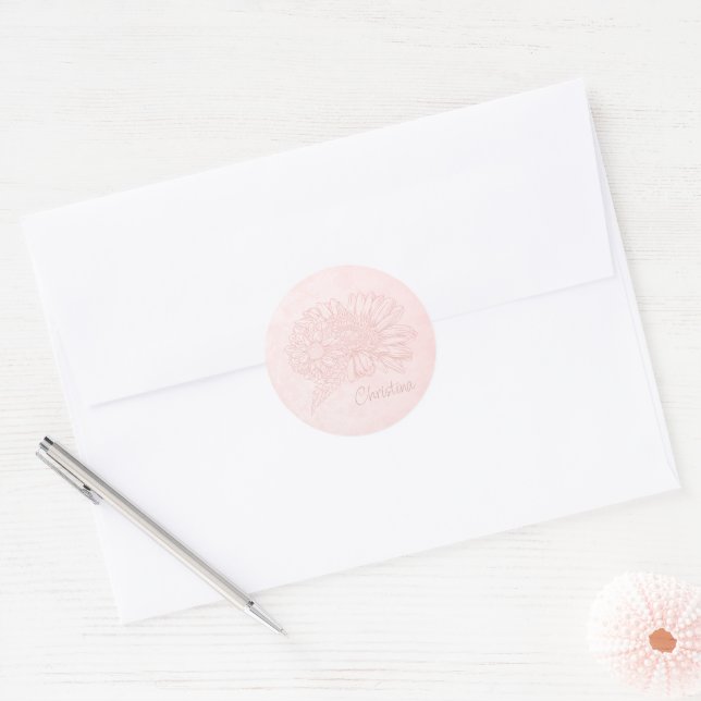 Adesivo Rosa Pálido Grunge com Nome e Crisântemos (Envelope)