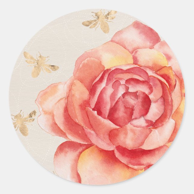 Adesivo Rosa Pintada à Mão com Abelhas Douradas sobre Bran (Frente)