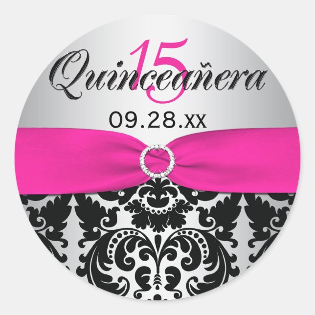 Adesivo Rosa, Prata, Damasco Negro, Vinheta Quinceanera (Frente)
