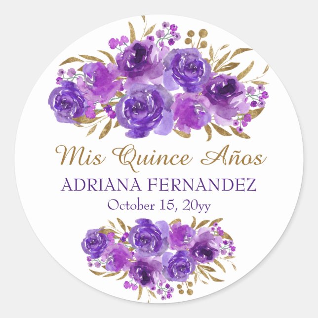 Adesivo Rosa púrpura e Folha Dourada Mis Quince Anos (Frente)
