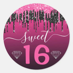 Adesivo Rosa Quente e Preto Gotejando Brilho Sweet 16