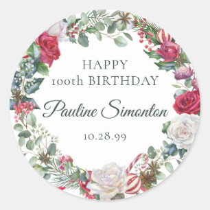 Adesivo Rosa vermelha e Holly 100º Elegante de Aniversário