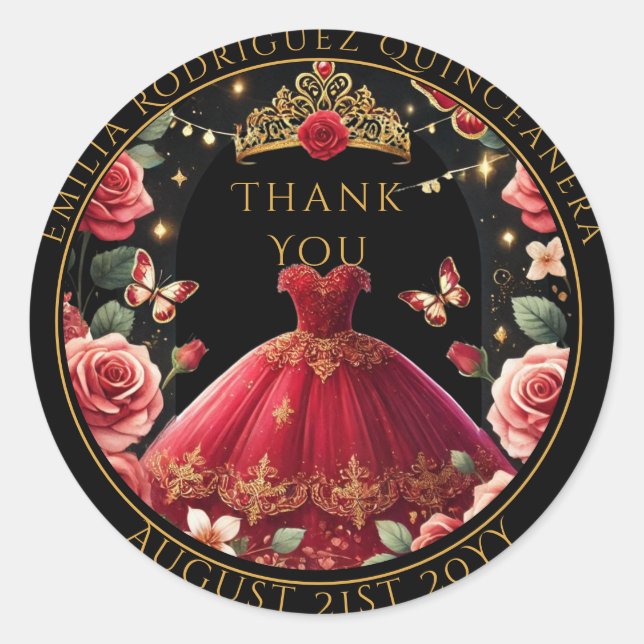 Adesivo Rosa vermelha Floral do Favor Quniceanera Obrigado (Frente)