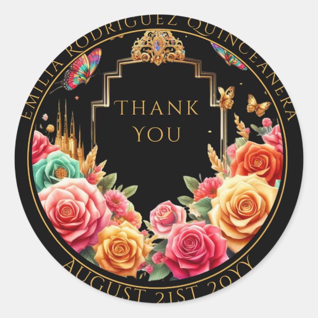 Adesivo Rosa vermelha Floral do Favor Quniceanera Obrigado (Frente)