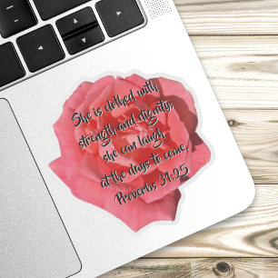 Adesivo Rosa vermelha Proverbs 31:25 Verso de Bíblia Perso