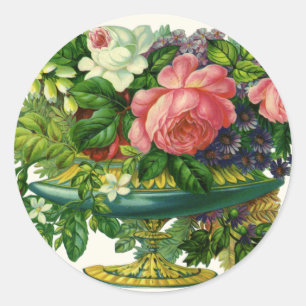 Adesivo Rosas Cor-de-Rosa Florais Vintage, Vaso de Flores