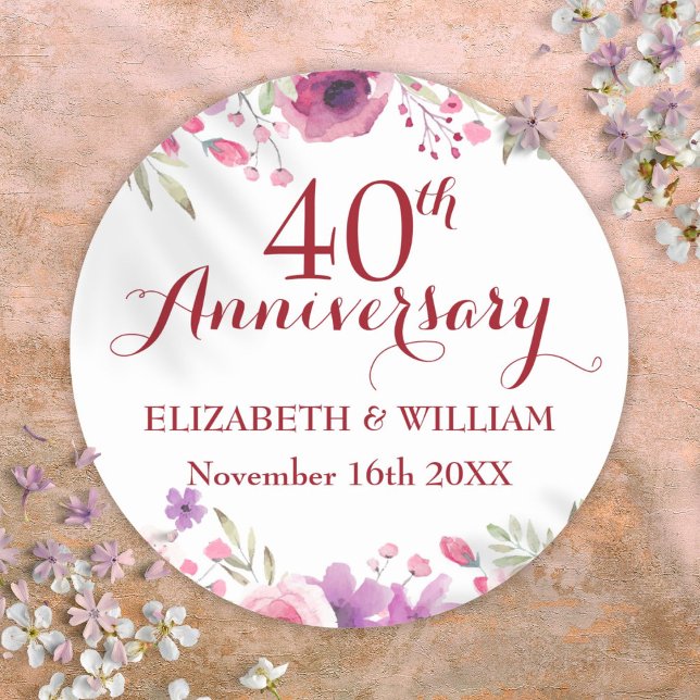 Adesivo rosas de Aquarela de Casamento Ruby, 40º aniversár (40th Ruby Wedding Anniversary Watercolor Roses Classic Round Sticker)