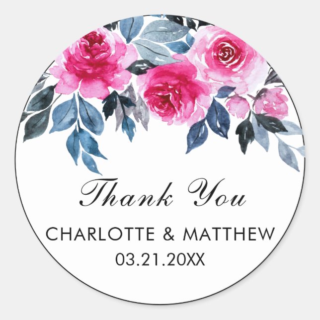 Adesivo Rosas de Aquarela Rosa Casamento Obrigado (Frente)