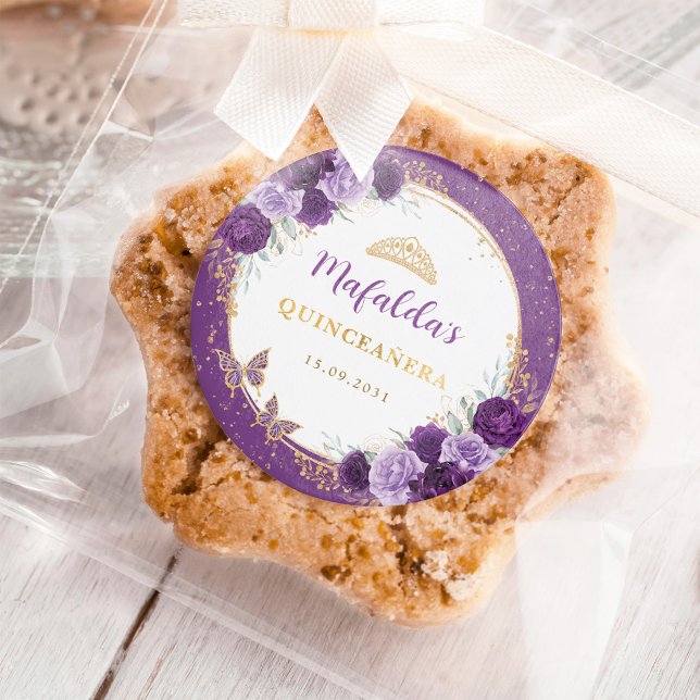 Adesivo Rosas Dourados Roxos Quinceanera Aniversário Favor (Criador carregado)