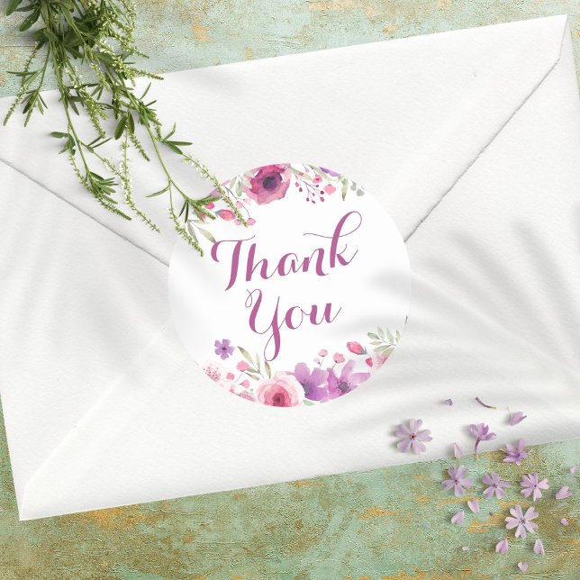 Adesivo Rosas em Aquarela Obrigada (Watercolour Roses Thank You Classic Round Sticker)