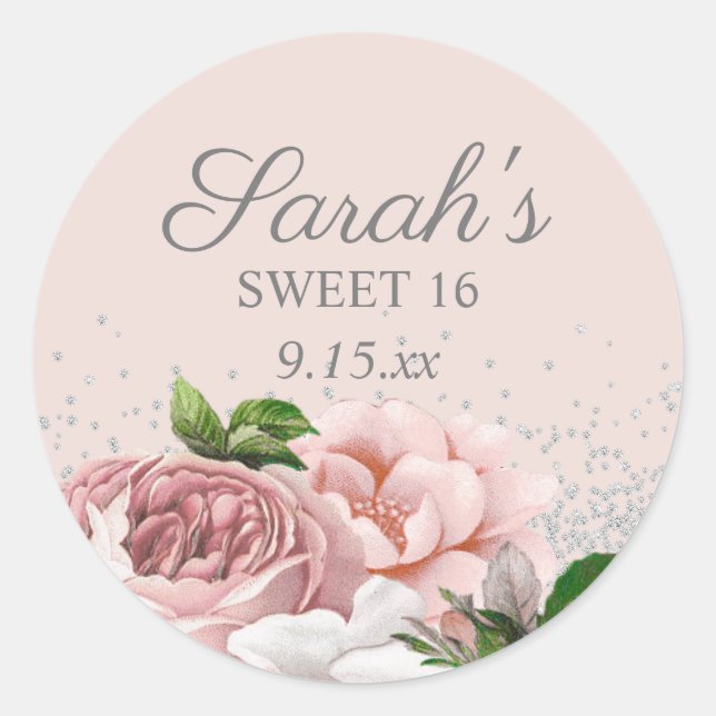 Adesivo Rosas Rosa Bege Flores Brilho Prata Doce 16   (Frente)
