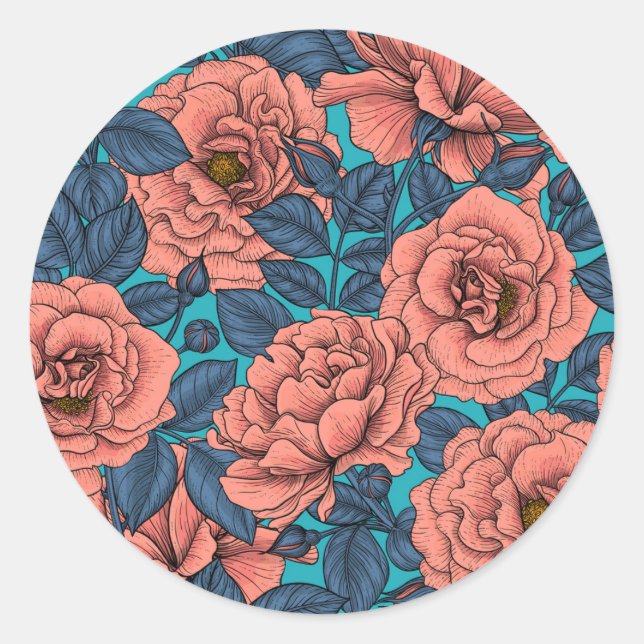 Adesivo Rosas rosa com folhas azuis (Frente)