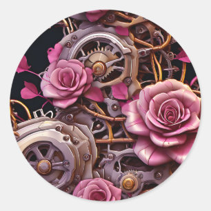 Adesivo Rosas rosa e Steampunk de engrenagens Metálicas