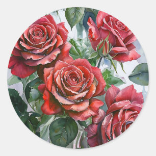 Adesivo Rosas vermelhas de Aquarela com Folhas Verdes