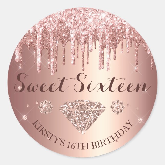 Adesivo Rose Gold Glitter Drip Sweet Sixteen (Frente)