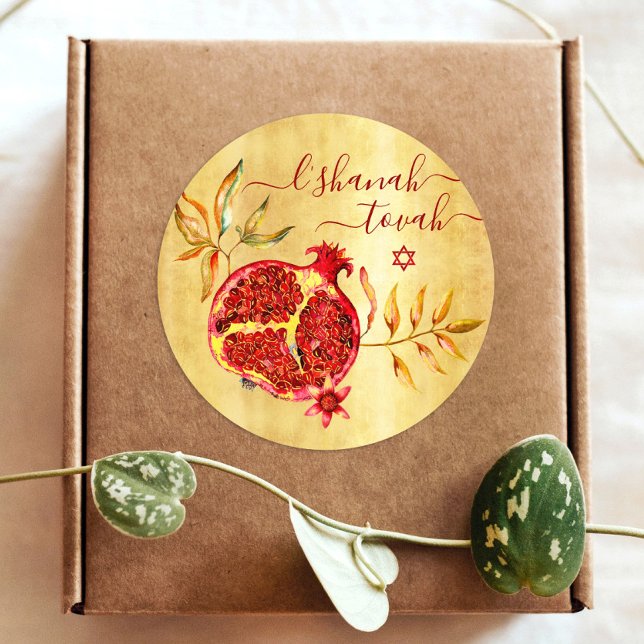 Adesivo Rosh Hashanah Red Pomegranate Watercolor em Dourad (Criador carregado)