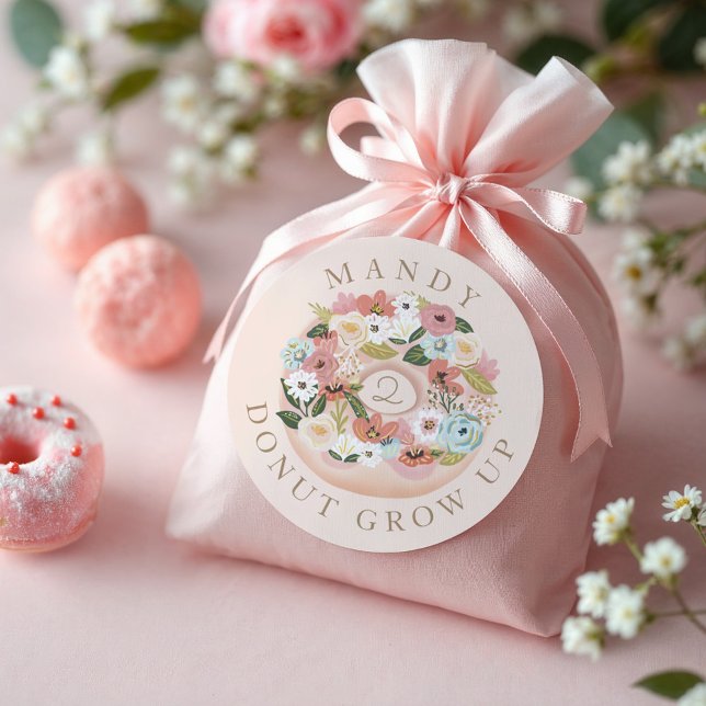 Adesivo Rosquinha Cresce Rosquinha Floral Flor Aniversário (Donut Grow Up Floral Blossom Donut Birthday Classic Round Sticker)