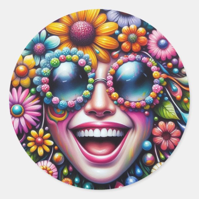 Adesivo Rosto sorridente cercado por Flores Sticker (Frente)