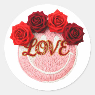 Adesivo Rosto Sorridente de Tricô Rosa Vermelha Amor Flora