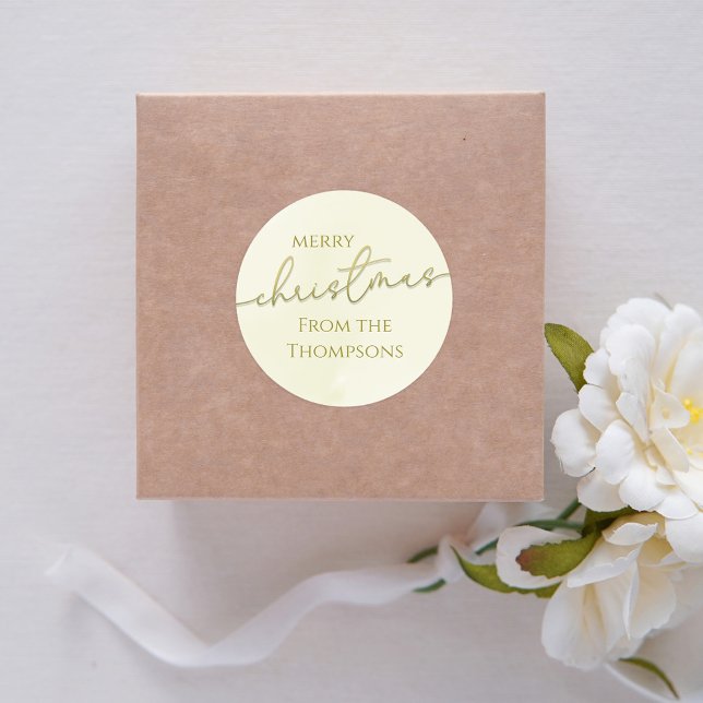 Adesivo Roteiro de Caligrafia Dourada Natal Feliz Personal (Merry Christmas gold calligraphy script circle sticker. )