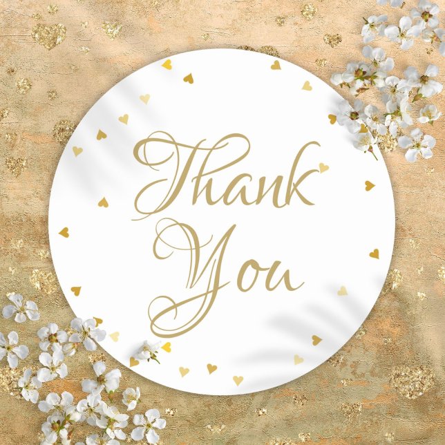 Adesivo Roteiro de Ouro Obrigado Corações Confetes (Gold Script Thank You Love Hearts Confetti Classic Round Sticker)