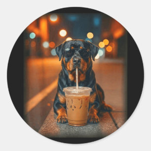 Adesivo Rottweiler engraçado bebendo café gelado amante de
