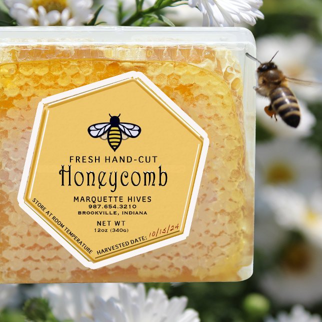 Adesivo Rótulo Amarelo de Honeycomb do Hexágono com Abelha (Criador carregado)