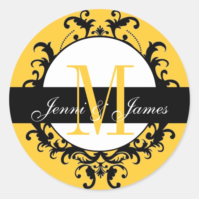 Adesivo Rótulo Amarelo Ornamentado de Nomes de Monograma d (Frente)