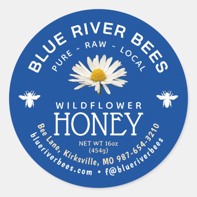 Adesivo Rótulo Azul de Margarida de Mel Local com Alça do  (Frente)