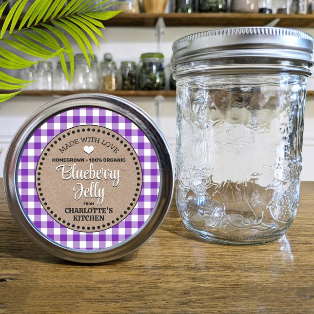 Adesivo Rótulo Clássico Roxo Gingham Canning Jar (Criador carregado)