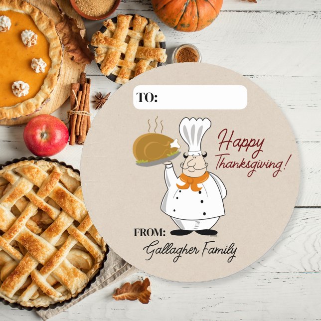 Adesivo Rótulo de Ação de Graças para Comida de Chefe de P (Chef with a Turkey Favor Sticker for Thanksgiving)