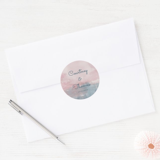 Adesivo Rótulo de casamento com aquarela rosa e azul (Envelope)