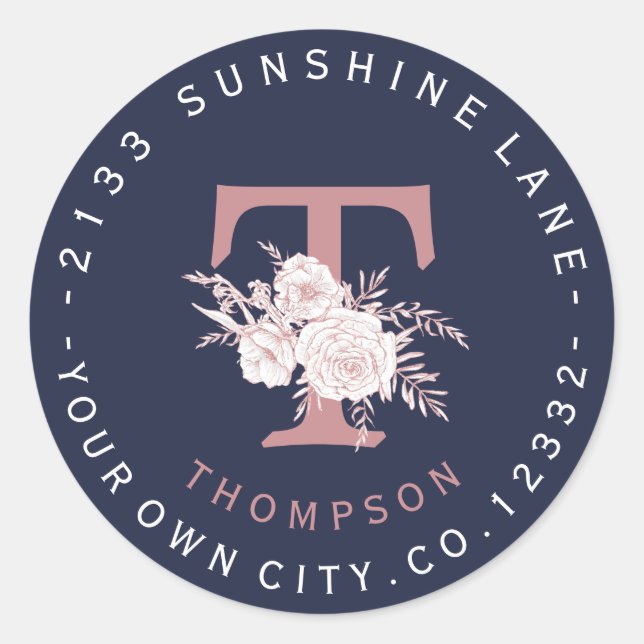 Adesivo Rótulo de Endereço Circular do Monograma Floral do (Frente)