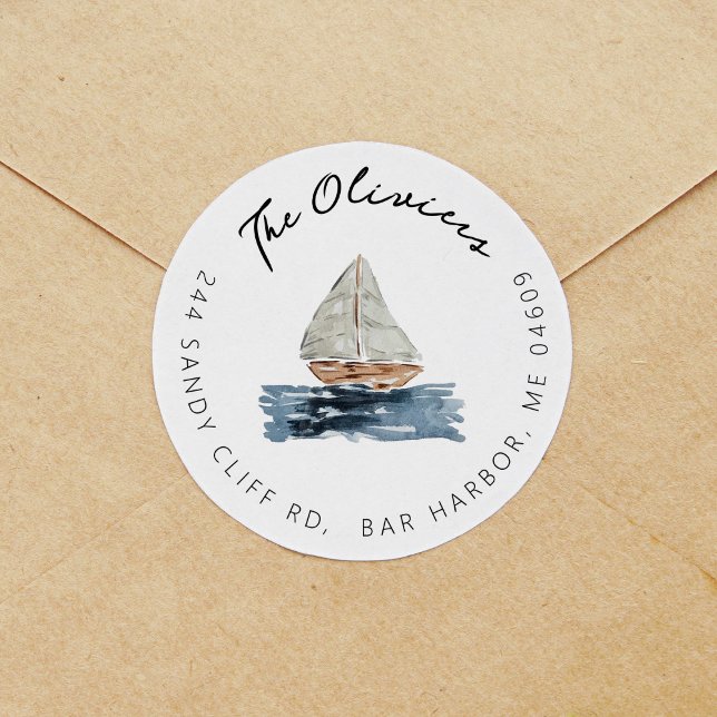 Adesivo Rótulo de Endereço de Devolução de Chá de fraldas  (Nautical watercolor sailboat return address label round sticker.)