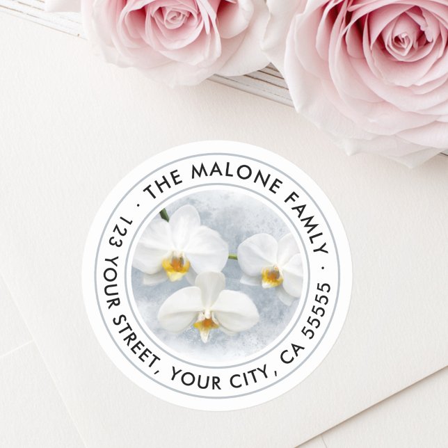 Adesivo rótulo de endereço de devolução de orquídea phalae (White orchid phalaenopsis painting return address classic round sticker)