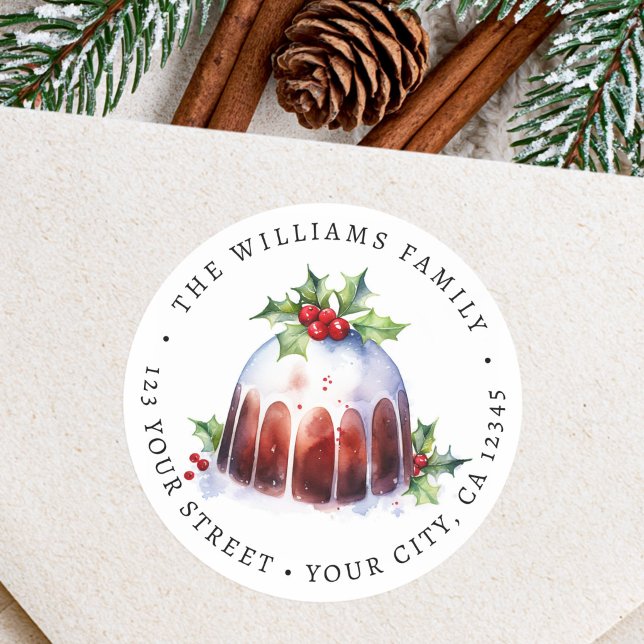 Adesivo rótulo de endereço de devolução de pudim de Natal  (Christmas pudding watercolor return address classic round sticker)