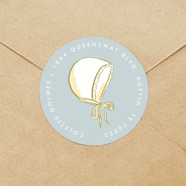 Adesivo Rótulo de Endereço de Retorno Azul de Bebê (Baby bonnet mint blue baby shower return address label round stickers.)
