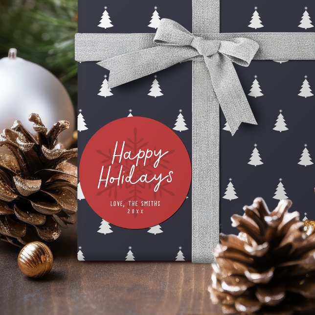 Adesivo Rótulo de Feliz Natal Moderno com Flocos de Neve (Modern Happy Holidays Script Snowflakes Christmas Classic Round Sticker)